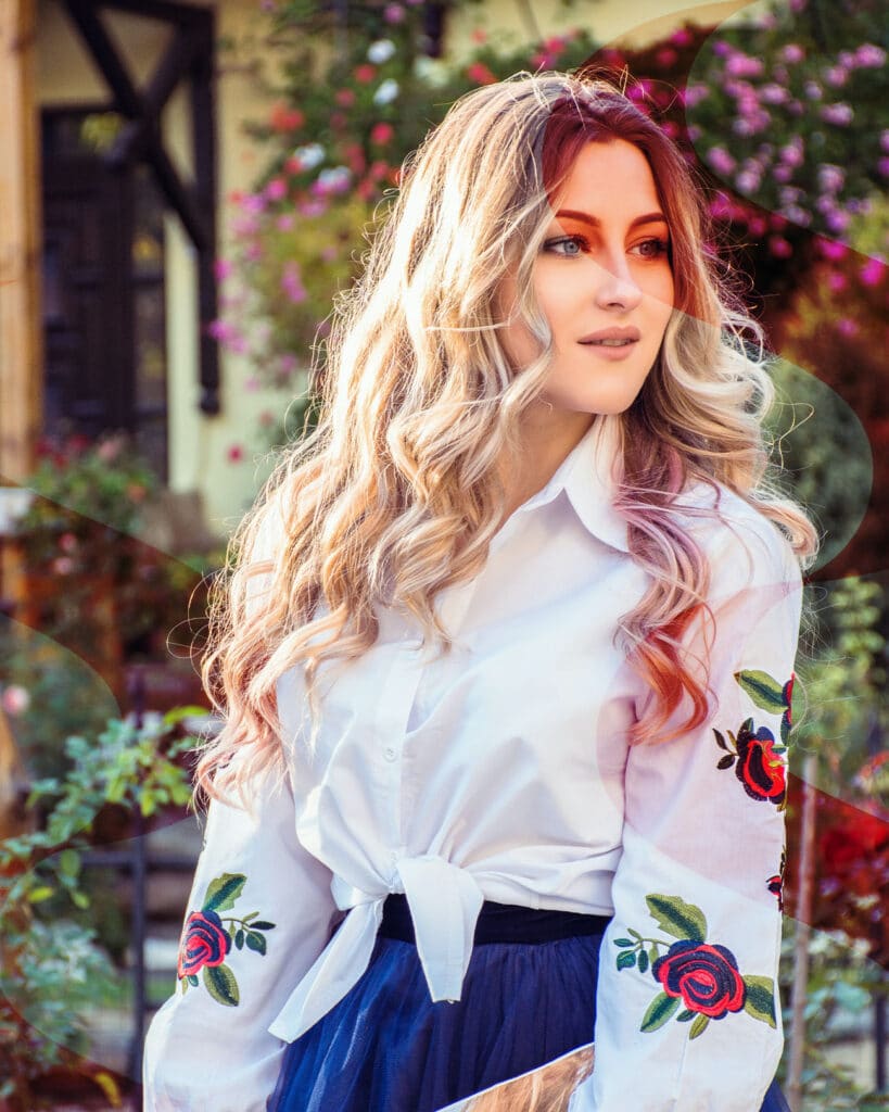 woman with long curly hair