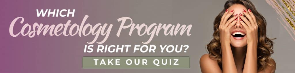 banner with woman smiling with words that say "which cosmetology program is right for you? Take our quiz"